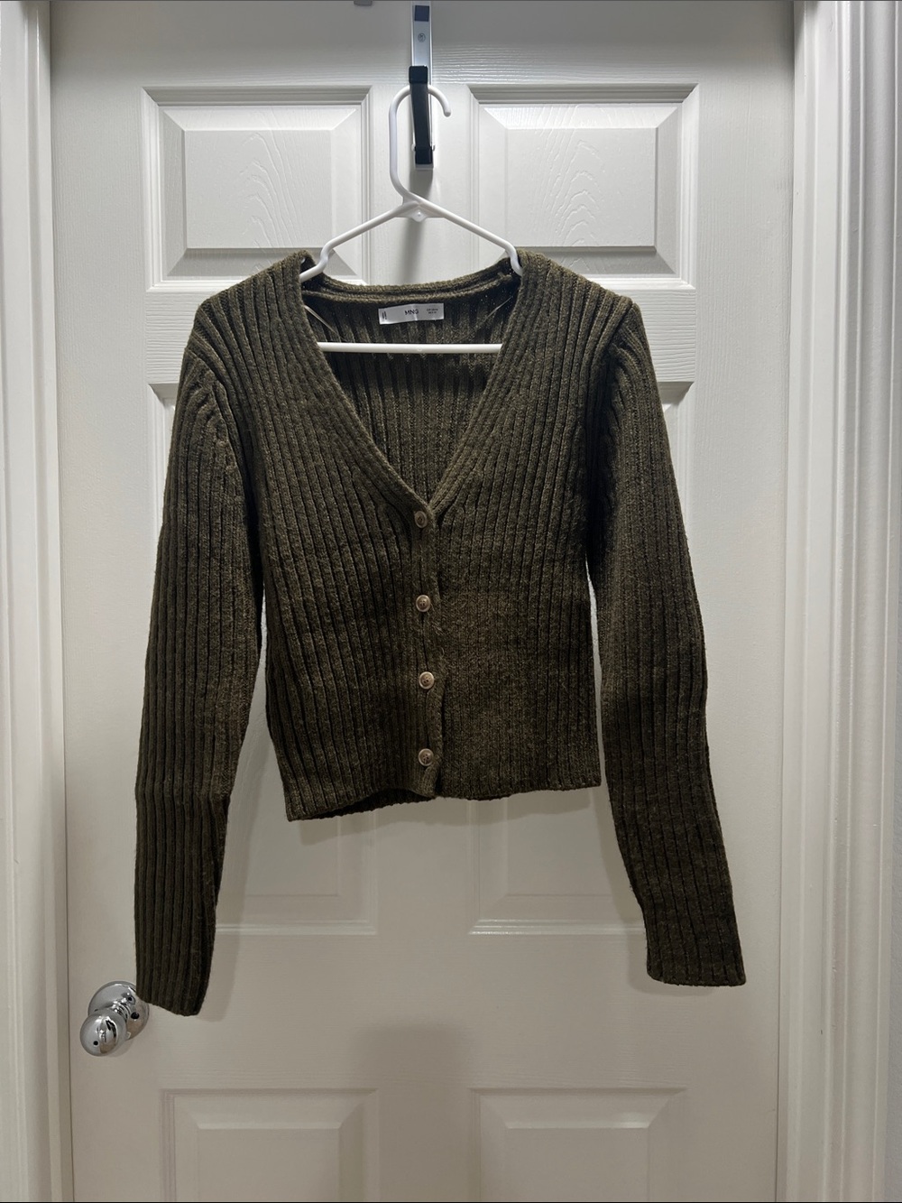 Mango Olive Ribbed V-Neck Button Cardigan - Women Sweater
